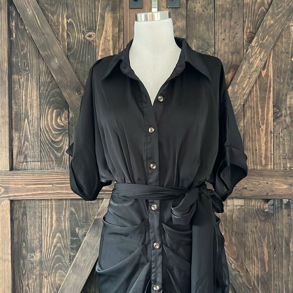 Elegant Elegant Short Sleeve V Neck Satin Button Down Shirt Dress with Belt - Picture 8 of 13
